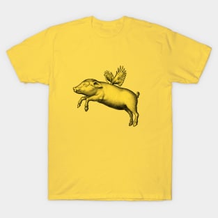 Trendy Flying Pig Yellow Vintage Engraving Farm Animal Wings T-Shirt